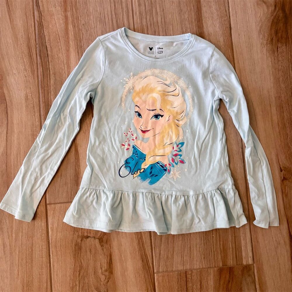 Disney Frozen 2 Elsa Girls Long Sleeve Tee Shirt Size 7 Blue Floral